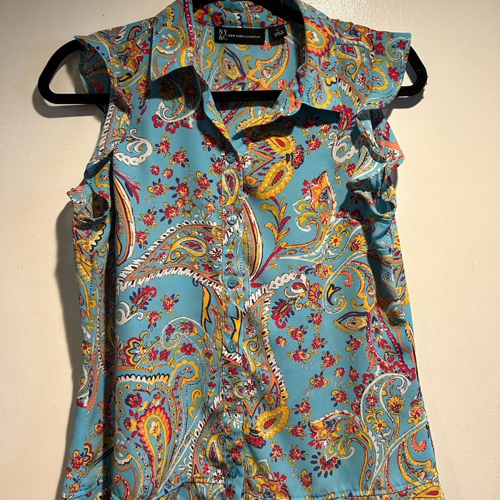 New York & Company Blue Paisley Button Down Shirt